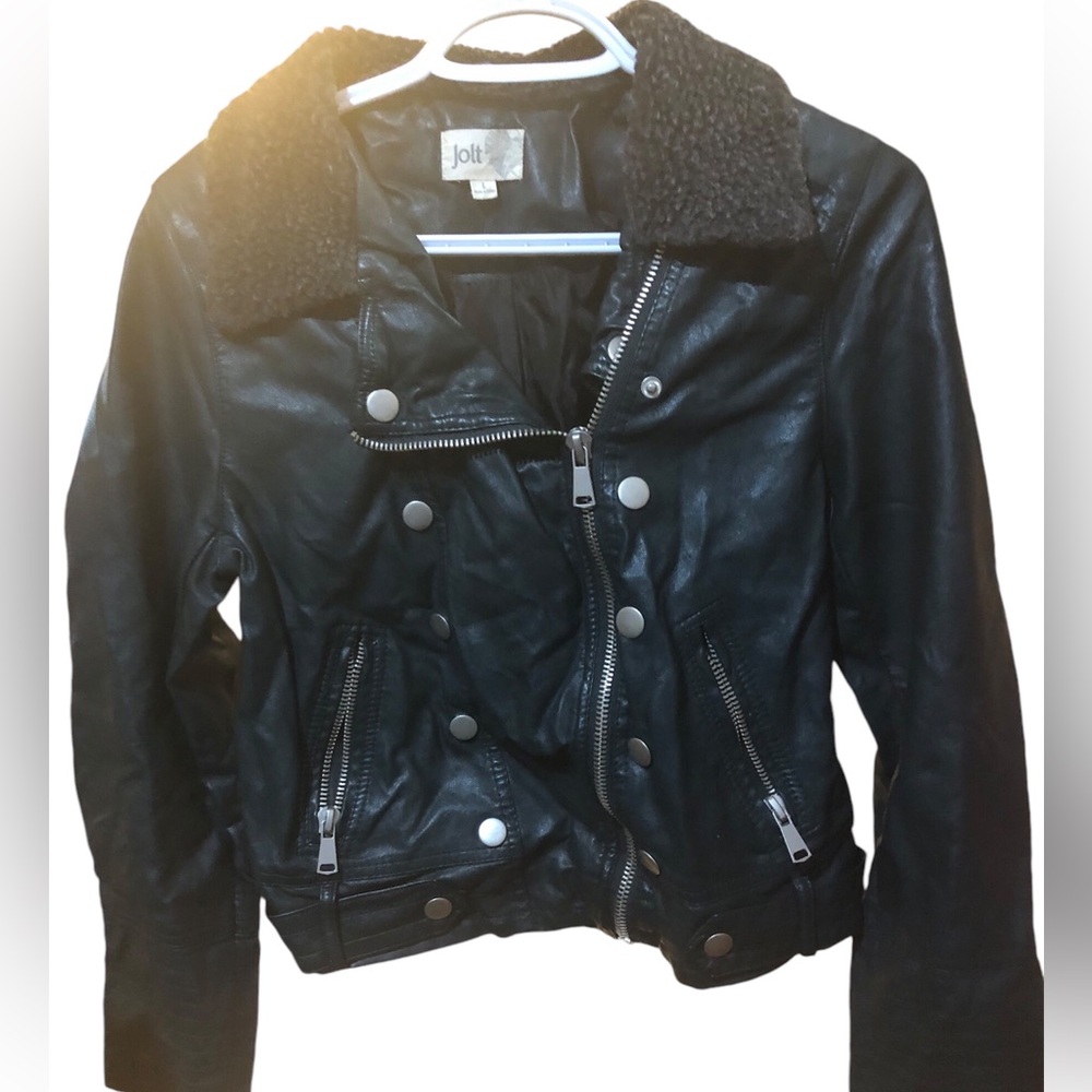 Jolt Women's Faux Leather Jacket Green Short Full Zip Silver Studs Sz L